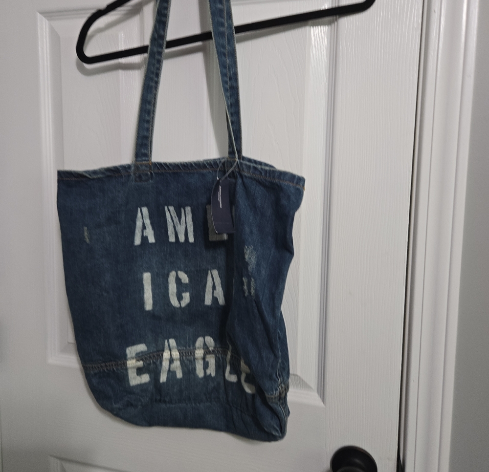 American Eagle Outfitters Blue Denim Tote with White Stenciled Letters